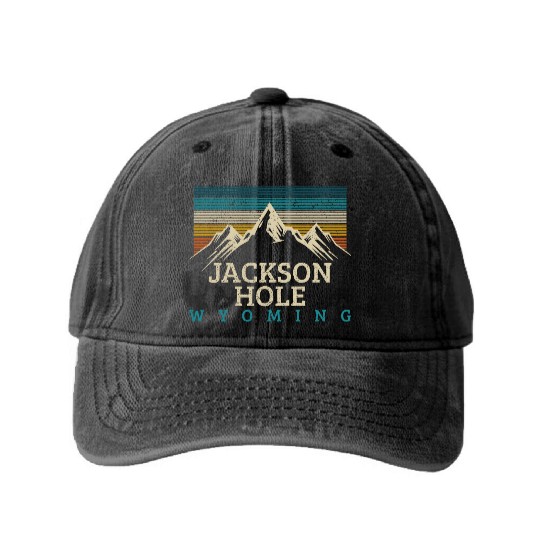 Jackson Hole Wyoming Vintage Mountains Nature Souv Washed Denim Baseball Caps