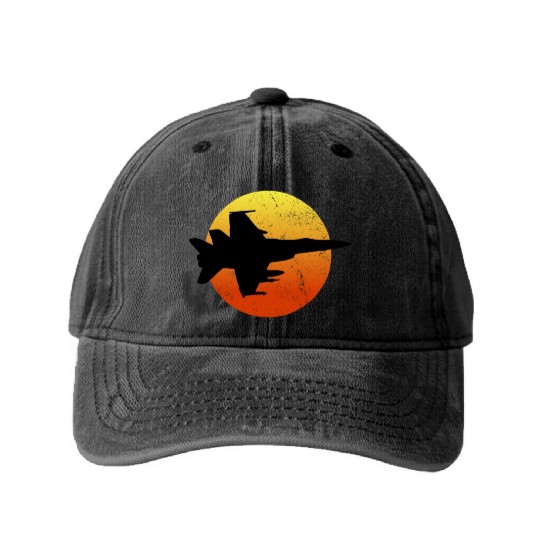 F-18 Hornet Silhouette Retro Sunset Military F18f1 Washed Denim Baseball Caps