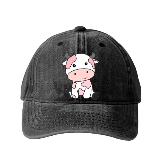 Strawberry Cow Cute Pink Strawberry Cow Kawaii Washed Denim Baseball Caps