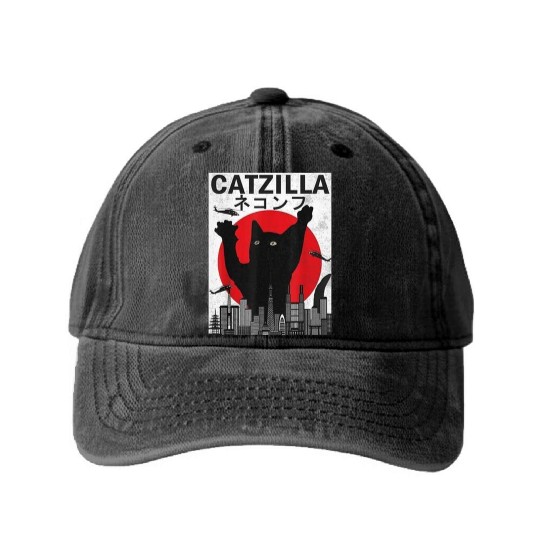 Vintage Catzilla Japanese Sunset Style Washed Denim Baseball Caps