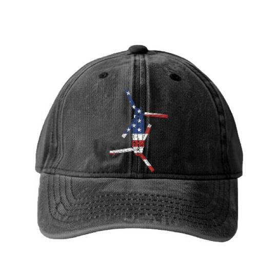 CH47 Chinook Military Helicopter American Flag Washed Denim Baseball Caps