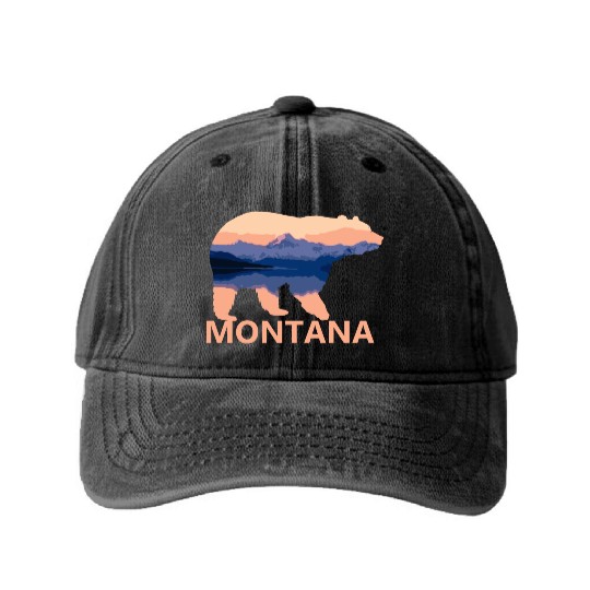 Montana Bear Nature Hiking Camping Gift Washed Denim Baseball Caps