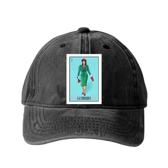 La Chingona The Bad Ass Woman Card Mexican Lottery Washed Denim Baseball Caps