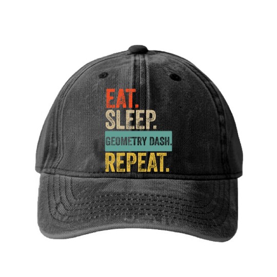 Eat sleep geometry dash repeat retro vintage Washed Denim Baseball Caps