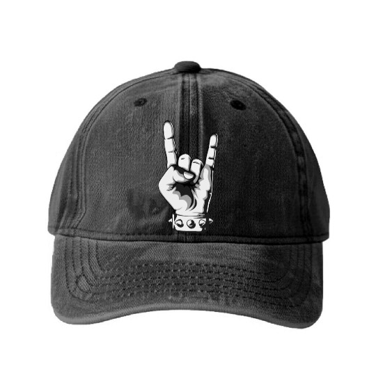 Rock And Roll Finger Sign Music Cool Rock Band Pun Washed Denim Baseball Caps
