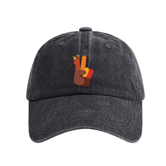 Peace Love Turkey Hand Sign Funny Thanksgiving Washed Denim Baseball Caps