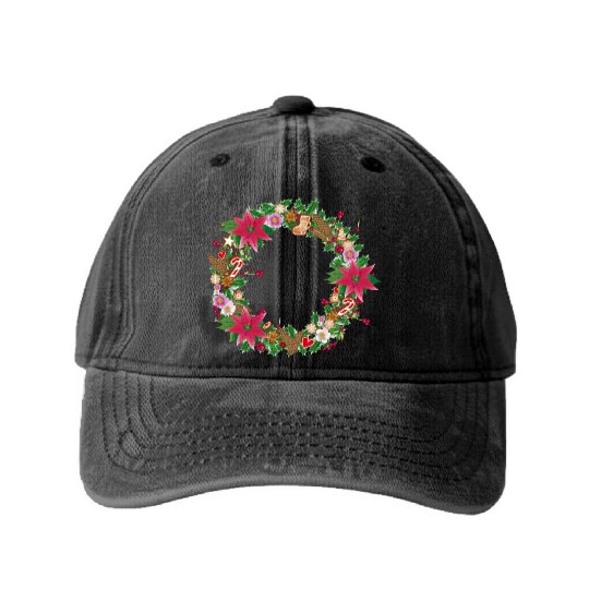 classic Christmas wreath lavishly decorated Washed Denim Baseball Caps