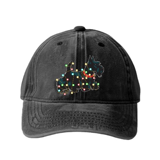Christmas Lights Scottie Dog Lover Funny Xmas Gift Washed Denim Baseball Caps