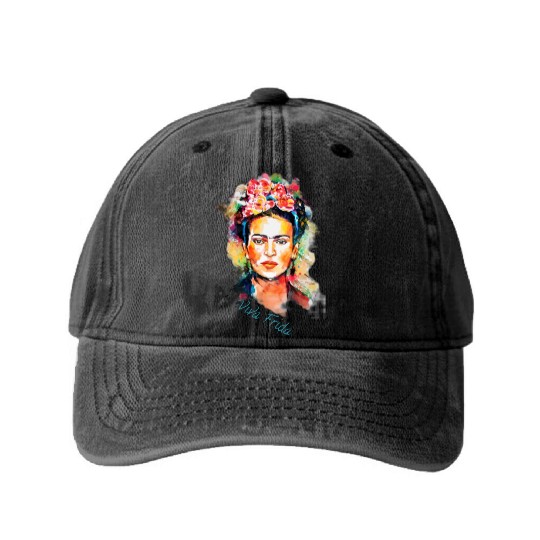 Frida Kahlo Viva Frida Bold And Beautiful Watercol Washed Denim Baseball Caps