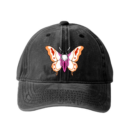 Lesbian Moth Orange Pink Lesbian Pride Washed Denim Baseball Caps