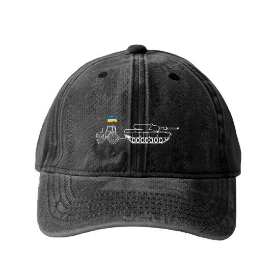 Ukrainian Tractor Pulling Tank With Ukraine Flag Washed Denim Baseball Caps