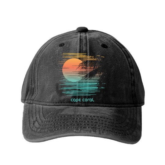 Artistic Cape Coral Florida Palm Tree Vacation Washed Denim Baseball Caps