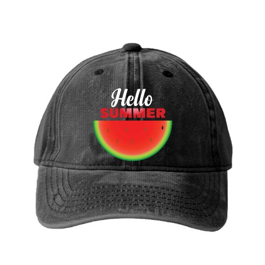 Hello Summer, Hello summer slogan on watermelon Washed Denim Baseball Caps