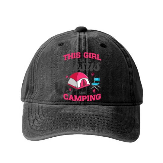 Camper This Girl Runs On Jesus And Camping Washed Denim Baseball Caps