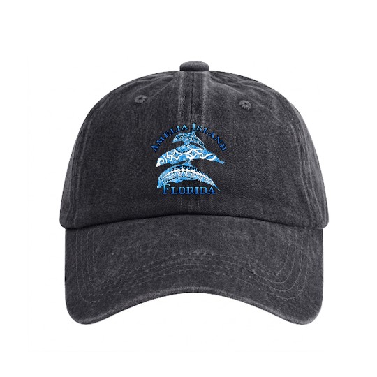 Amelia Island Florida Vacation Tribal Dolphins Washed Denim Baseball Caps