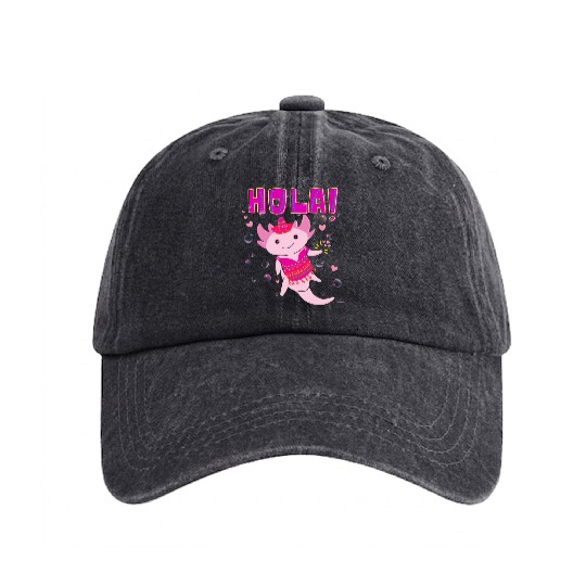 Hola Cute Axolotl - 9 Washed Denim Baseball Caps
