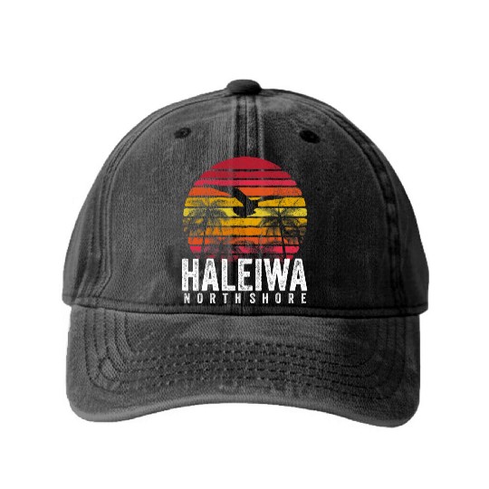 Haleiwa Hawaii HI North Shore Sunset Surf Surfing Washed Denim Baseball Caps