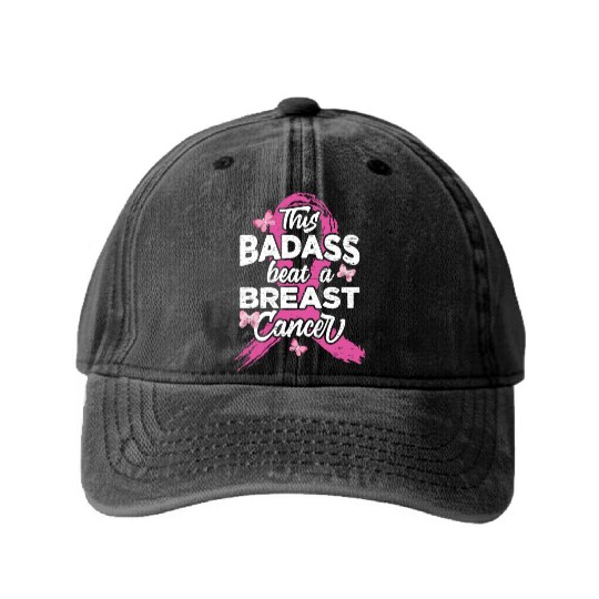 This Badass Beat A Breast Cancer - Breast Cancer Washed Denim Baseball Caps