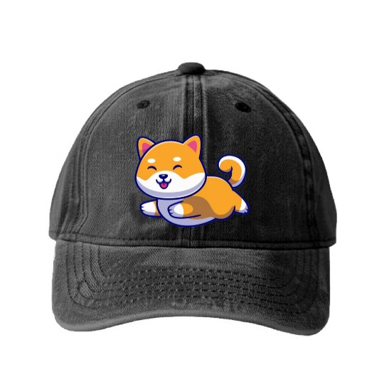 Cute Shiba Inu Dog Running Washed Denim Baseball Caps