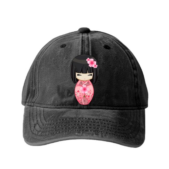 Cherry Blossom Geisha Japanese Kokeshi Doll Washed Denim Baseball Caps