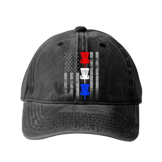 Red White and Blue Disc Golf Flag Washed Denim Baseball Caps