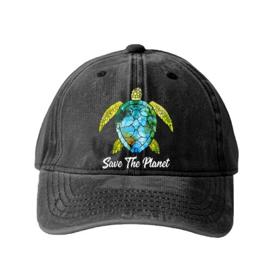 Save The Planet Earth Day Save Turtles Sea Life Washed Denim Baseball Caps