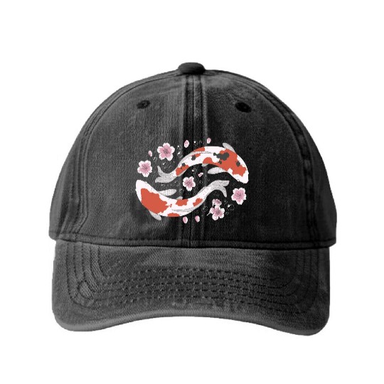 Japanese Koi Fish and Cherry Blossom Washed Denim Baseball Caps