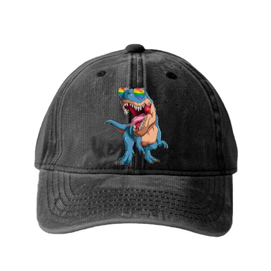 Funny Trex LGBT Gay Pride Rainbow Flag Washed Denim Baseball Caps