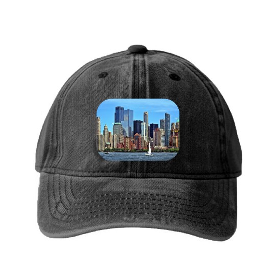 Manhattan NY – Sailboat By Manhattan Skyline Washed Denim Baseball Caps