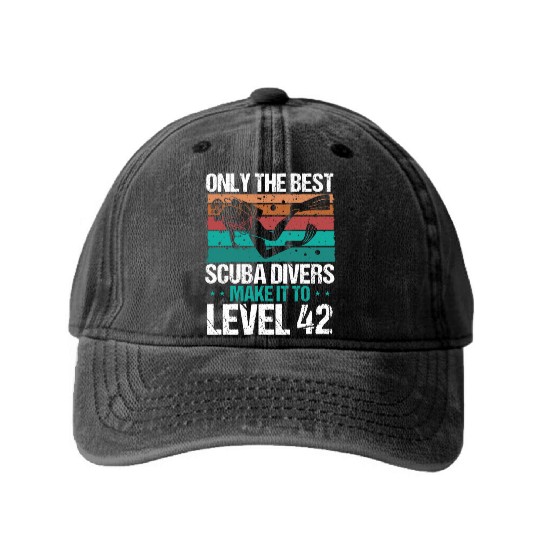 42 Scuba Diving Level 42 Year Diver Snorkeling Washed Denim Baseball Caps