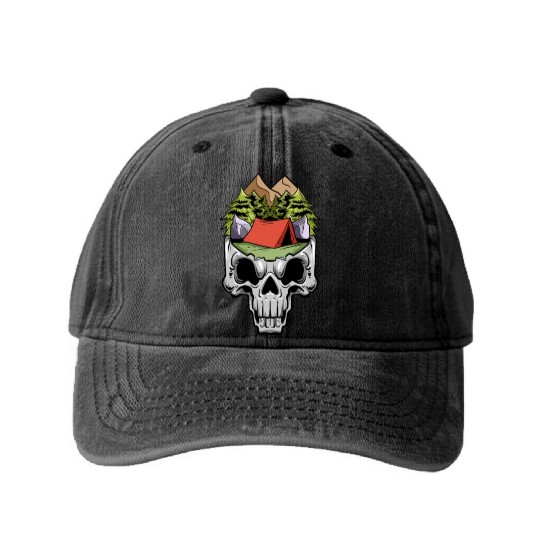 Camper Campsite Skull Skeleton Head Camp Camping Washed Denim Baseball Caps