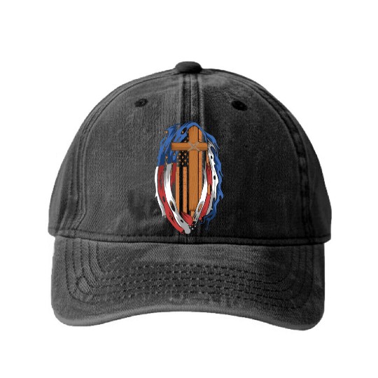 American Flag Jesus Cross Religious US Washed Denim Baseball Caps