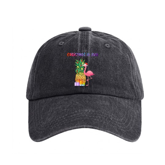 Christmas In July Pineapple Xmas Tree Lights Washed Denim Baseball Caps