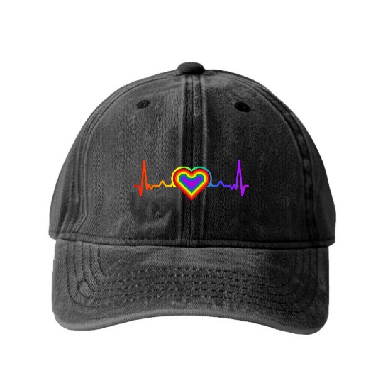 Rainbow Heart LGBTQ Lesbian Gay Pride Washed Denim Baseball Caps