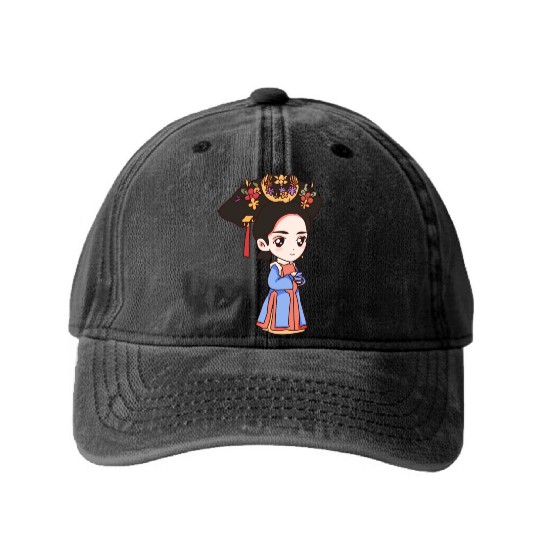 HAND PAINTED GIRL IMAGE Washed Denim Baseball Caps