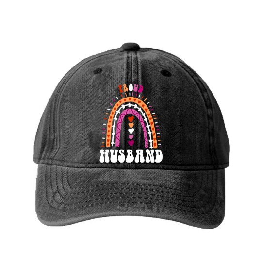 Proud Husband Lesbian Pride Boho Rainbow Washed Denim Baseball Caps