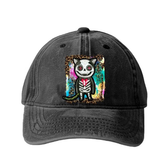 Halloween Zombie Skeleton Cat Tie Dye Washed Denim Baseball Caps