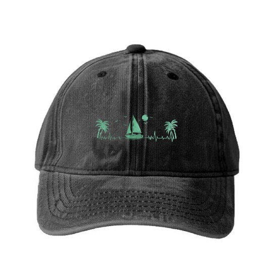 Sailboat Heartbeat Sunset Men Ocean Washed Denim Baseball Caps
