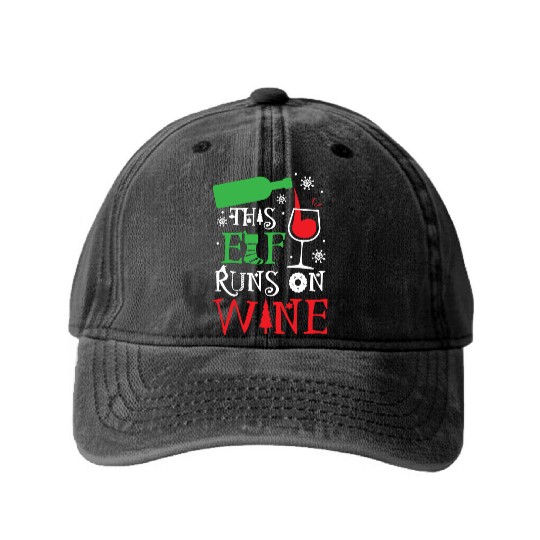 Christmas This Elf Runs On Wine Funny Xmas Holiday Washed Denim Baseball Caps
