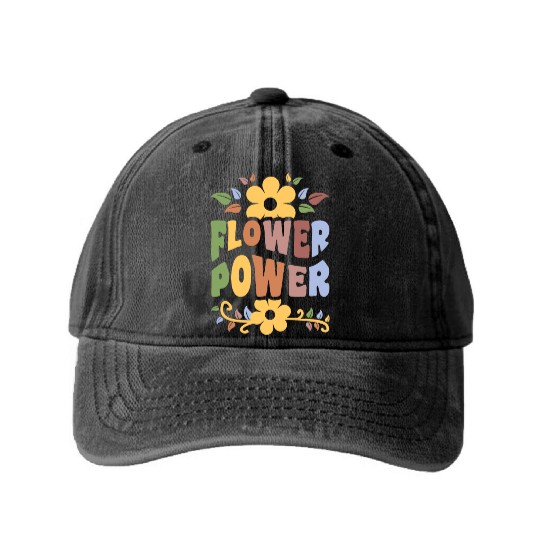 Flower Power 1960's Hippie Floral Funny Saying Washed Denim Baseball Caps