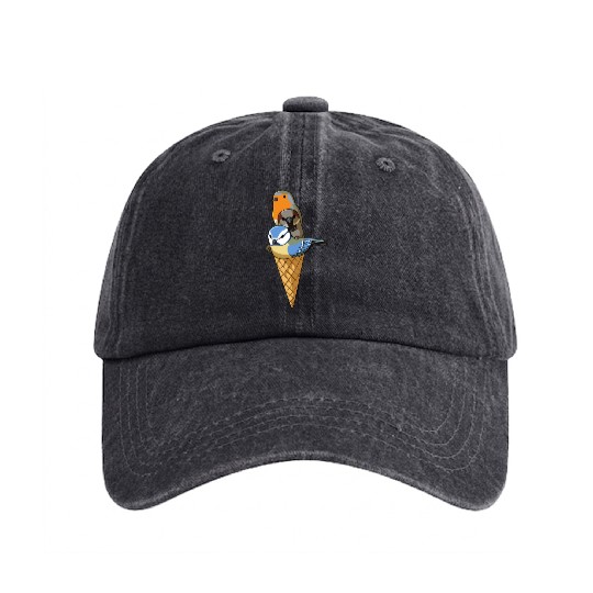 Funny Birds Ice Cream Robin, Blue Tit and House Washed Denim Baseball Caps