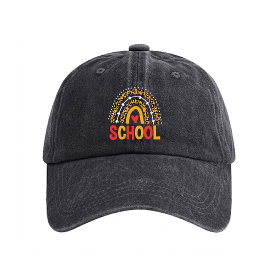 Back To School Leopard School Rainbow Washed Denim Baseball Caps