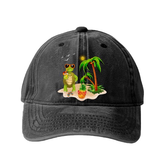 Summer Turtle With Pineapple Washed Denim Baseball Caps