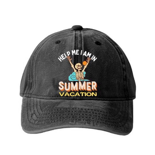 help me i am in summer vacation funny skeleton Washed Denim Baseball Caps