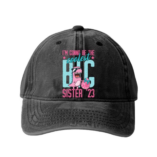 Coolest Big Sister 2023 Baby Pregnancy Dino Girls Washed Denim Baseball Caps