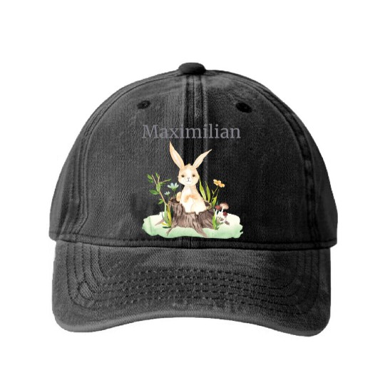Waldtier Reh Hase Hedgehog Flowers Name Maximilian Washed Denim Baseball Caps