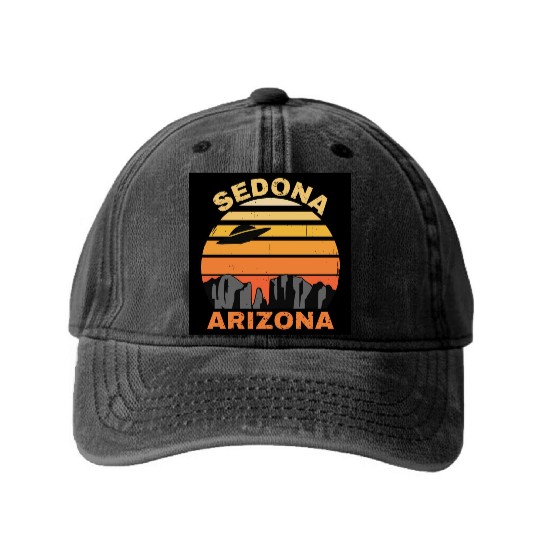 Sedona Arizonna Retro Sunset and UFO Washed Denim Baseball Caps