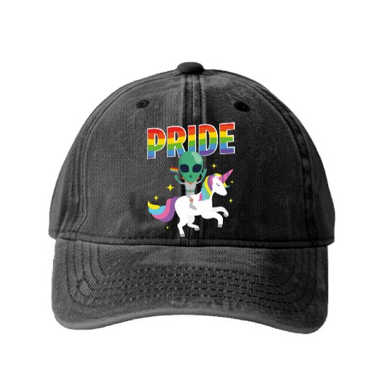 LGBT Gay Lesbian Pride Flag Funny Alien Unicorn Washed Denim Baseball Caps