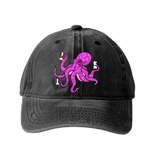 Octopus Playing Chess for Octopus Lover Washed Denim Baseball Caps