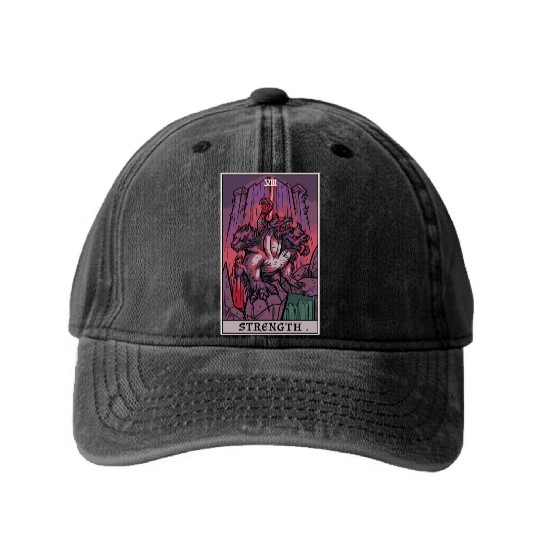 Strength Tarot Card Halloween Cerberus Greek Mytho Washed Denim Baseball Caps
